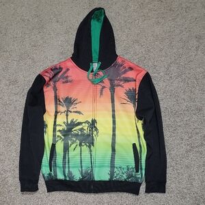 ☆ Exist Black and Multicolor Palm Tree Zip Up Hoodie Jacket Sweatshirt Size XL ☆